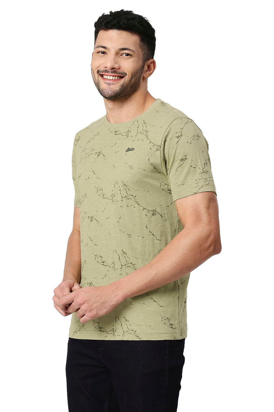 BASICS MUSCLE FIT GREY GREEN COTTON CREW T-SHIRT