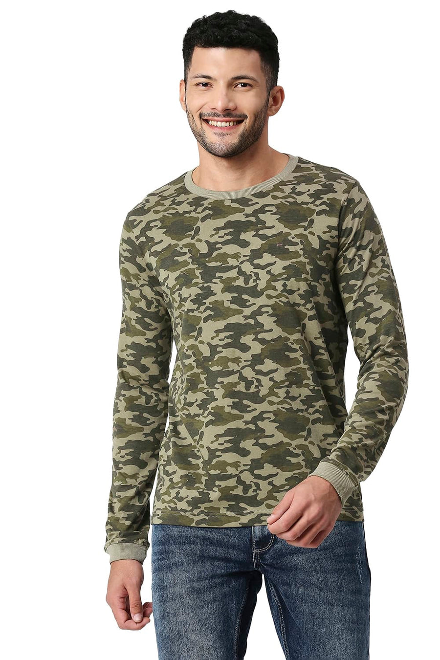 BASICS MUSCLE FIT COVERT GREEN COTTON CREW T-SHIRT
