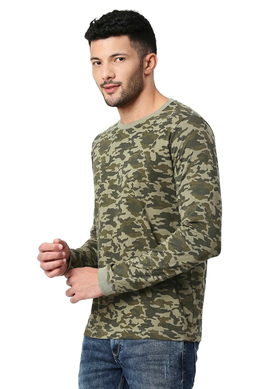 BASICS MUSCLE FIT COVERT GREEN COTTON CREW T-SHIRT