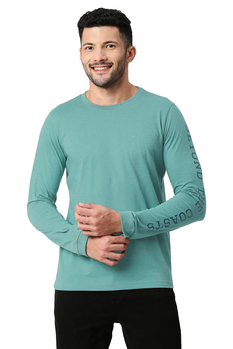 BASICS MUSCLE FIT DEEP SEA COTTON POLYESTER CREW T-SHIRT