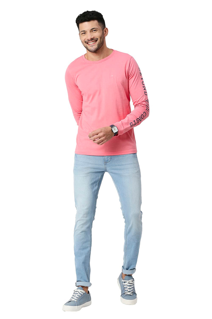 BASICS MUSCLE FIT PEACH BLOSSOM COTTON POLYESTER CREW T-SHIRT