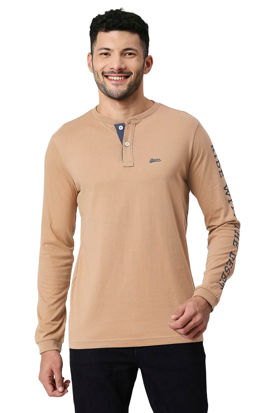 BASICS MUSCLE FIT CINAMMON SWIRL COTTON HENLEY T-SHIRT