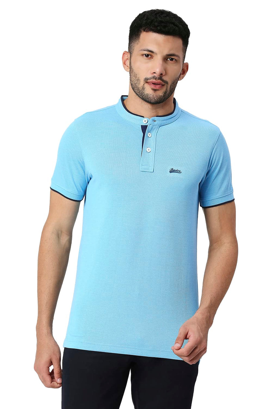 BASICS MUSCLE FIT NORSE BLUE COTTON POLYESTER POLO T-SHIRT