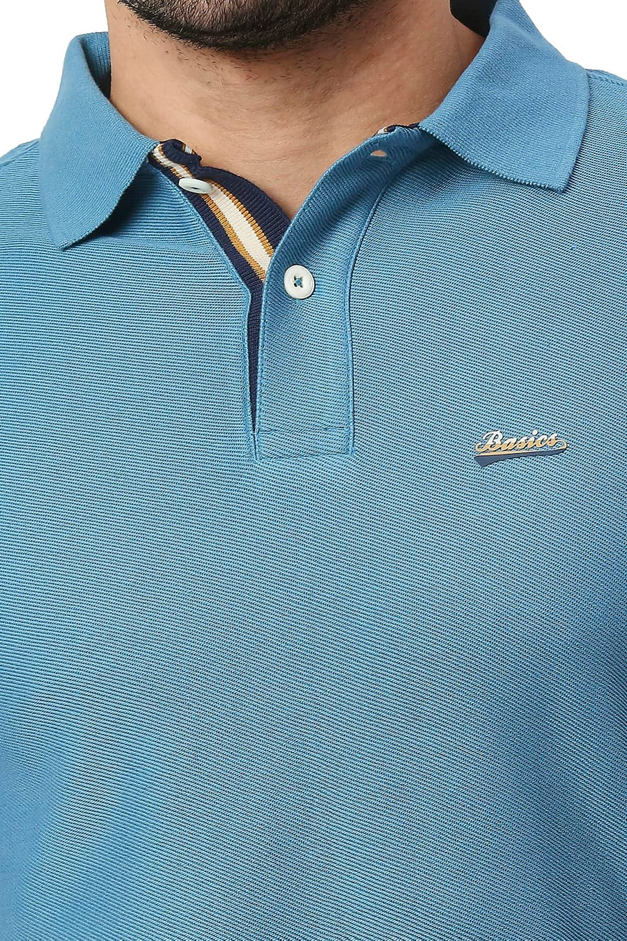 BASICS MUSCLE FIT STORM BLUE COTTON POLO T-SHIRT