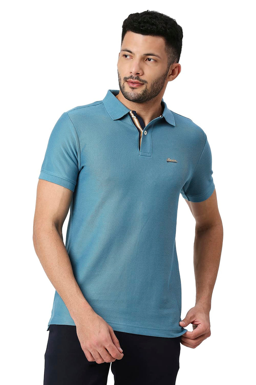 BASICS MUSCLE FIT STORM BLUE COTTON POLO T-SHIRT