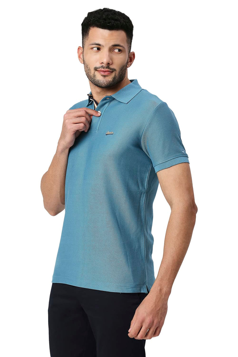 BASICS MUSCLE FIT STORM BLUE COTTON POLO T-SHIRT