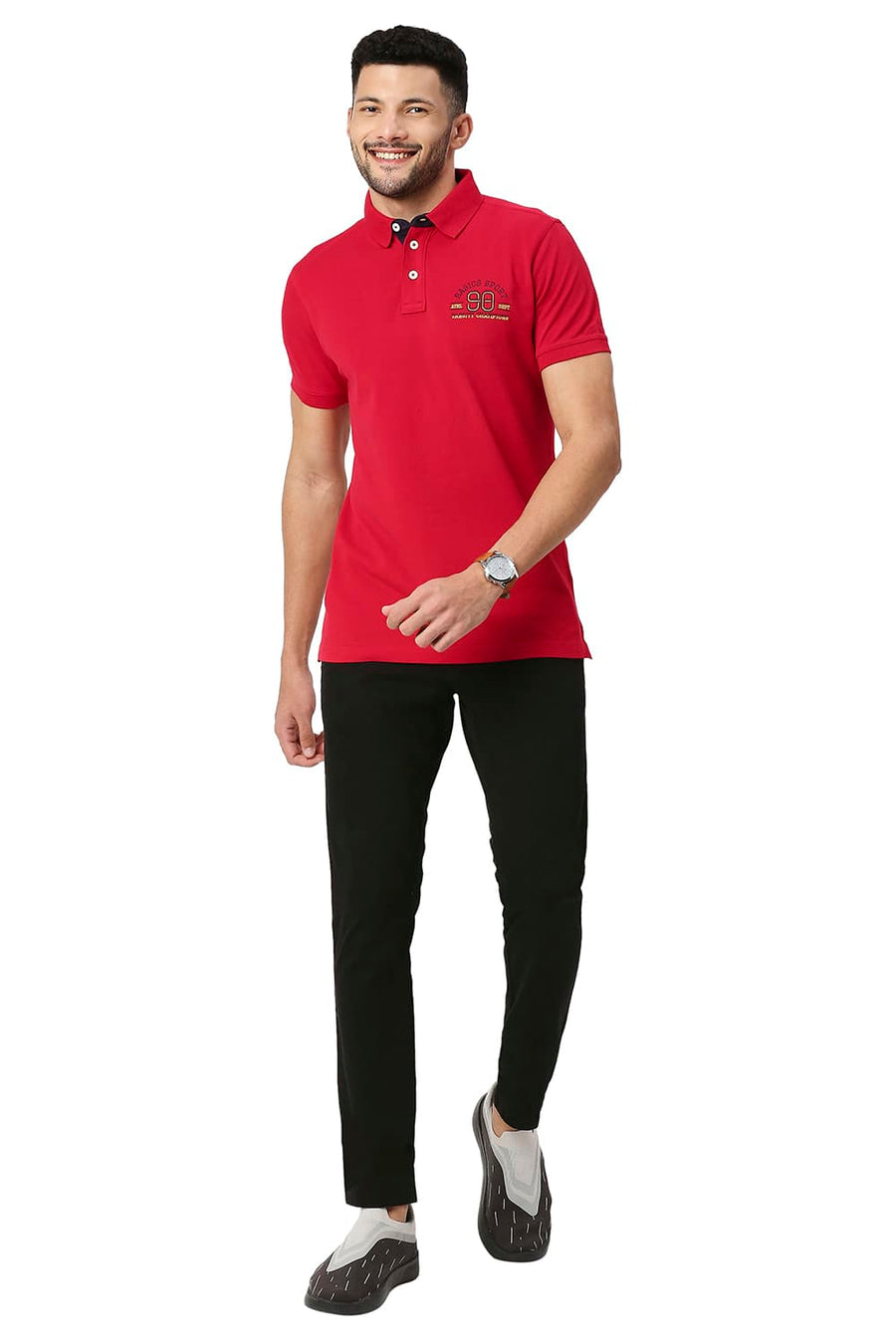 BASICS MUSCLE FIT TANGO RED COTTON POLO T-SHIRT