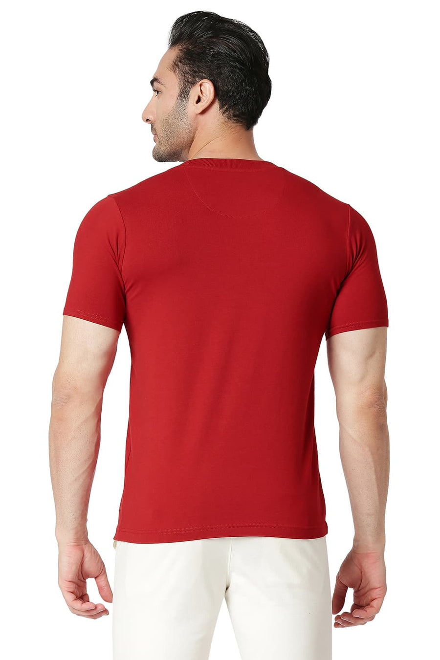 BASICS MUSCLE FIT RACING RED COTTON STRETCH CREW T-SHIRT