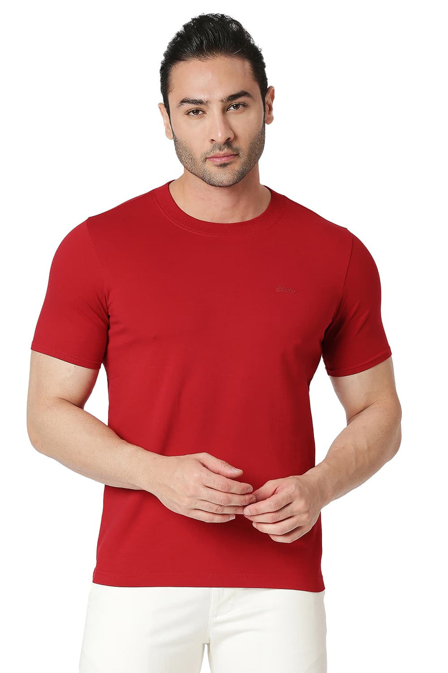 BASICS MUSCLE FIT RACING RED COTTON STRETCH CREW T-SHIRT