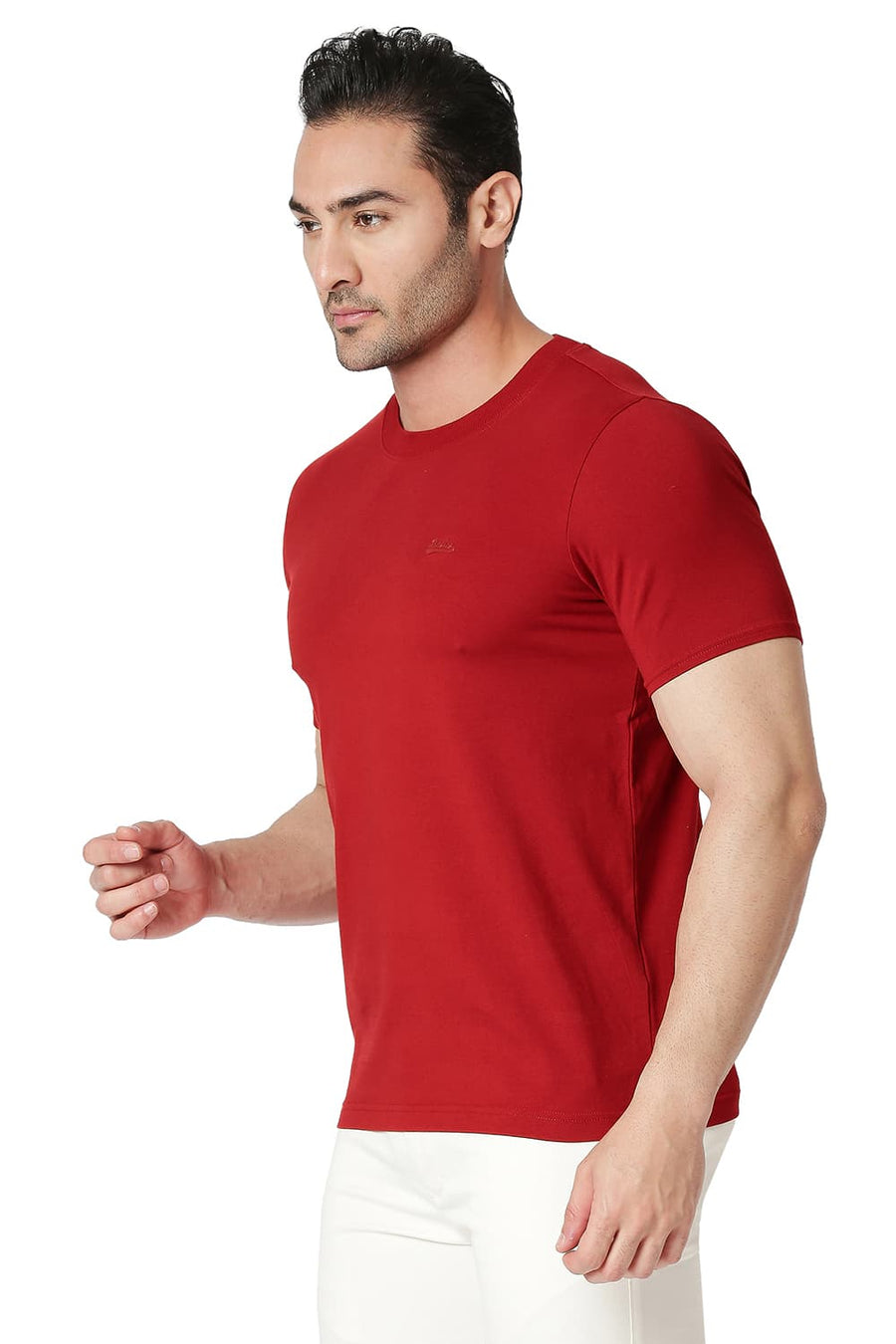 BASICS MUSCLE FIT RACING RED COTTON STRETCH CREW T-SHIRT