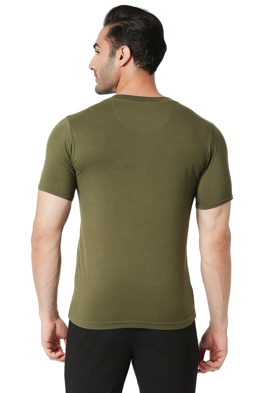 BASICS MUSCLE FIT OIL GREEN COTTON STRETCH CREW T-SHIRT