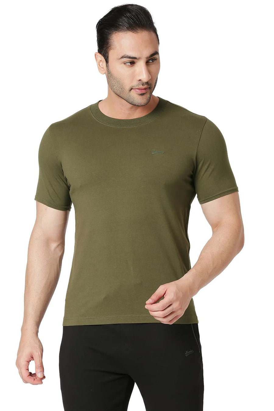 BASICS MUSCLE FIT OIL GREEN COTTON STRETCH CREW T-SHIRT