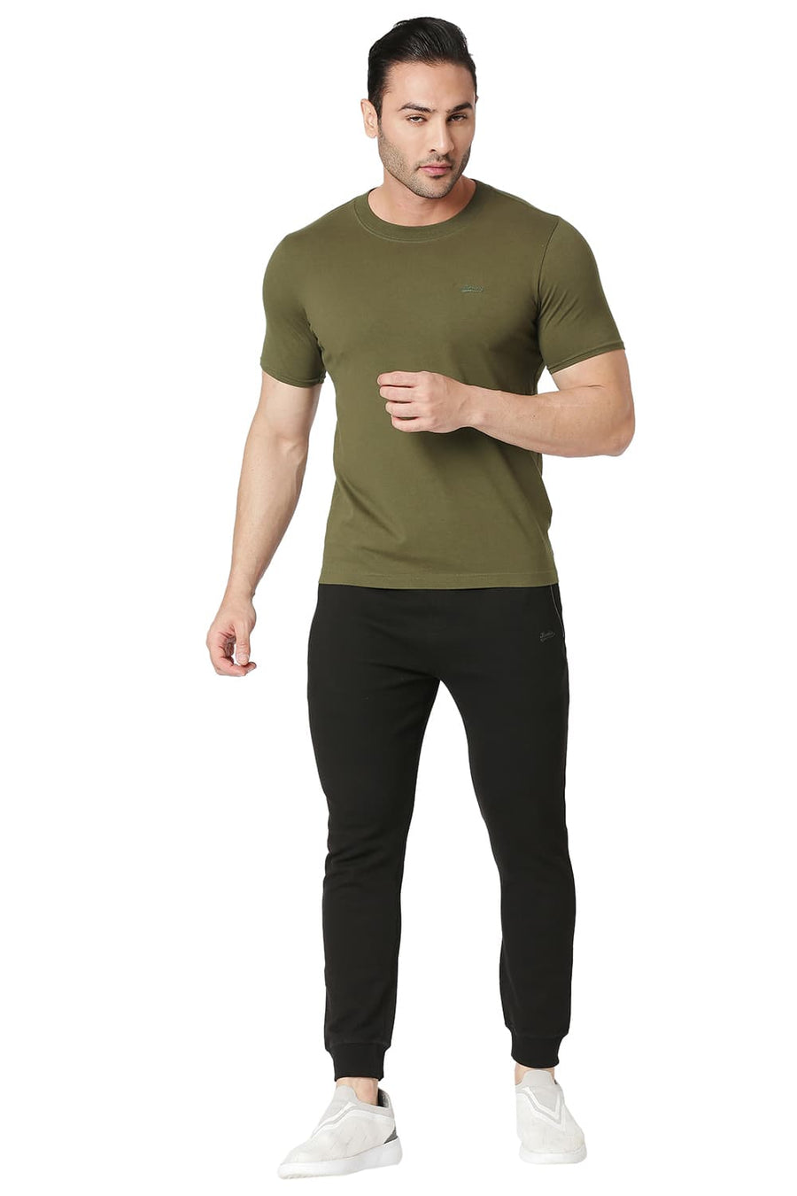 BASICS MUSCLE FIT OIL GREEN COTTON STRETCH CREW T-SHIRT