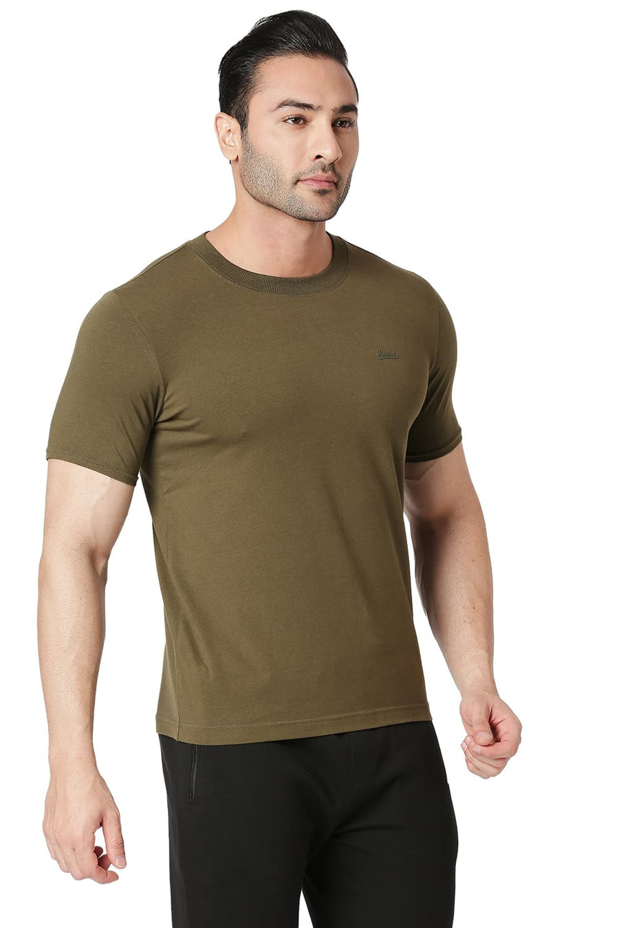 BASICS MUSCLE FIT OIL GREEN COTTON STRETCH CREW T-SHIRT