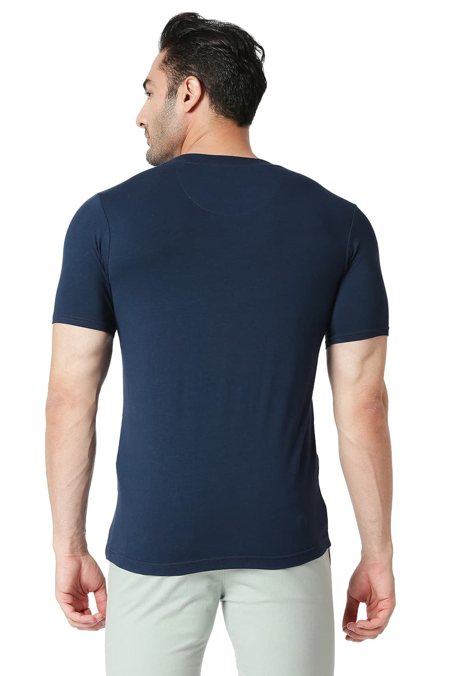 BASICS MUSCLE FIT DRESS BLUE COTTON STRETCH CREW T-SHIRT