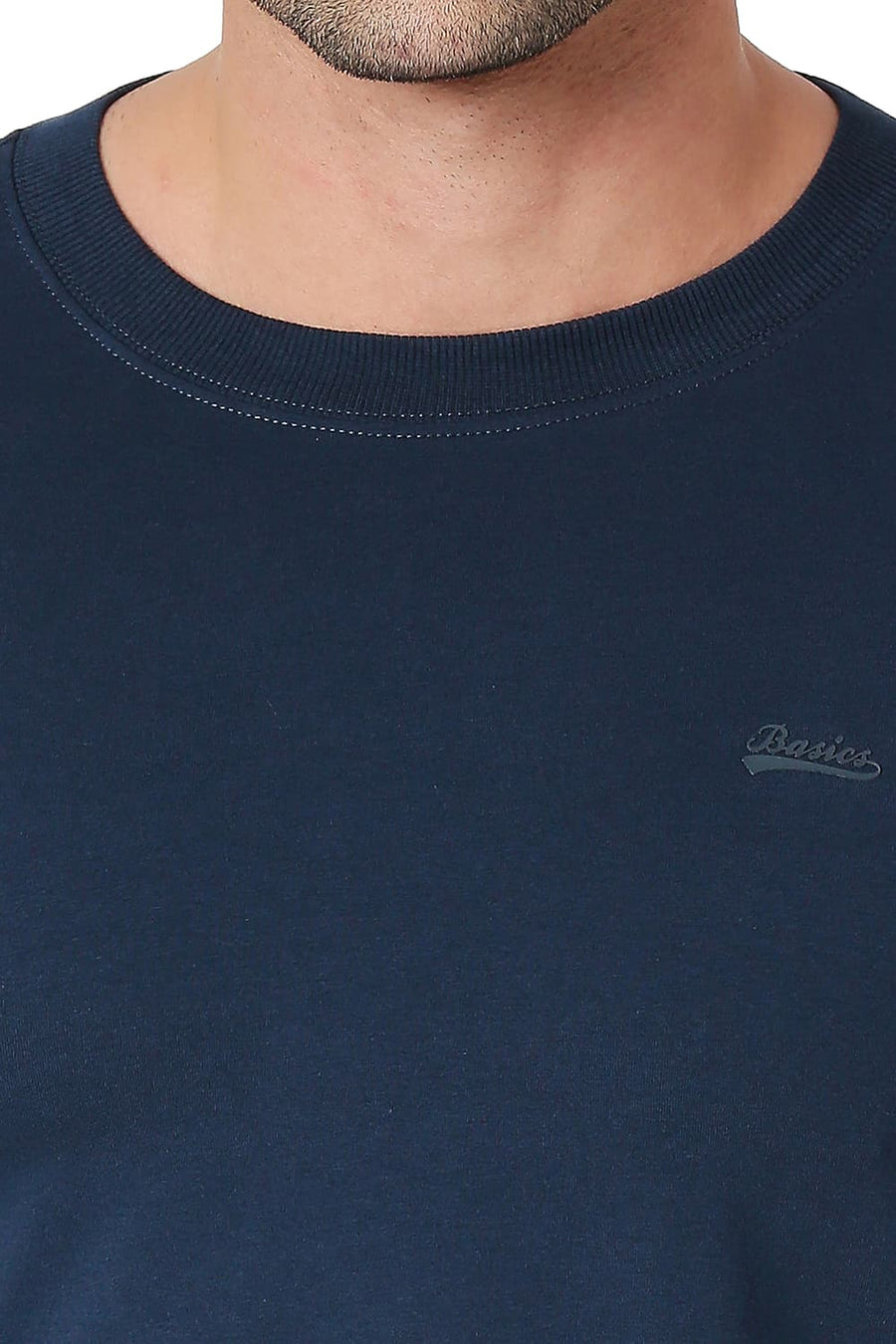 BASICS MUSCLE FIT DRESS BLUE COTTON STRETCH CREW T-SHIRT