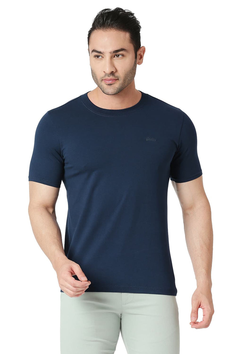 BASICS MUSCLE FIT DRESS BLUE COTTON STRETCH CREW T-SHIRT