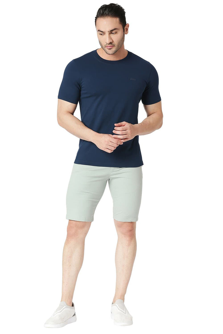 BASICS MUSCLE FIT DRESS BLUE COTTON STRETCH CREW T-SHIRT