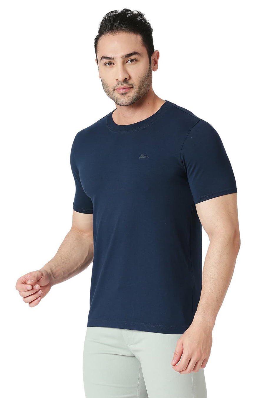 BASICS MUSCLE FIT DRESS BLUE COTTON STRETCH CREW T-SHIRT