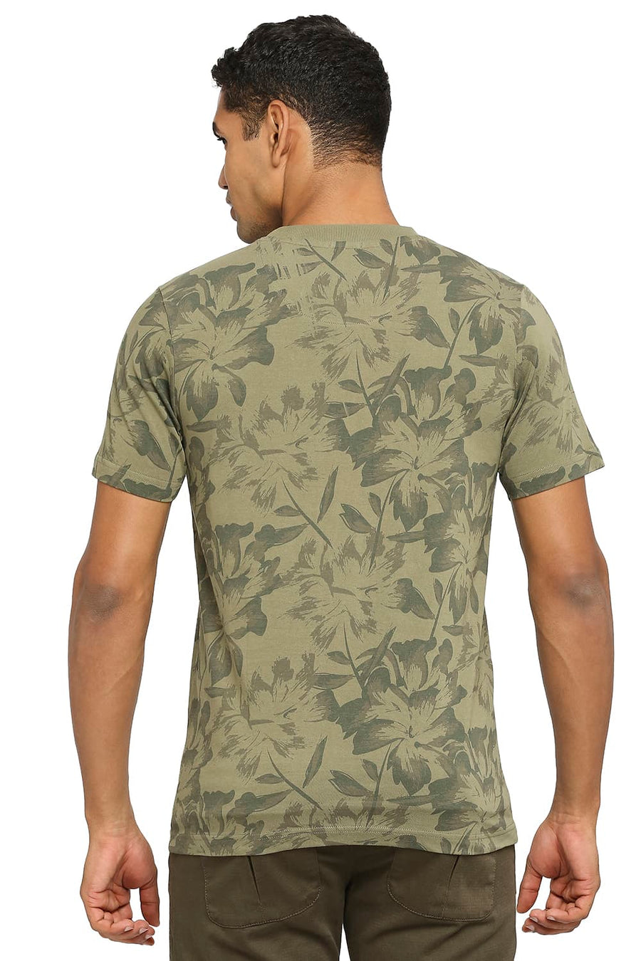 BASICS MUSCLE FIT BURNT OLIVE PRINTED CREW T-SHIRT
