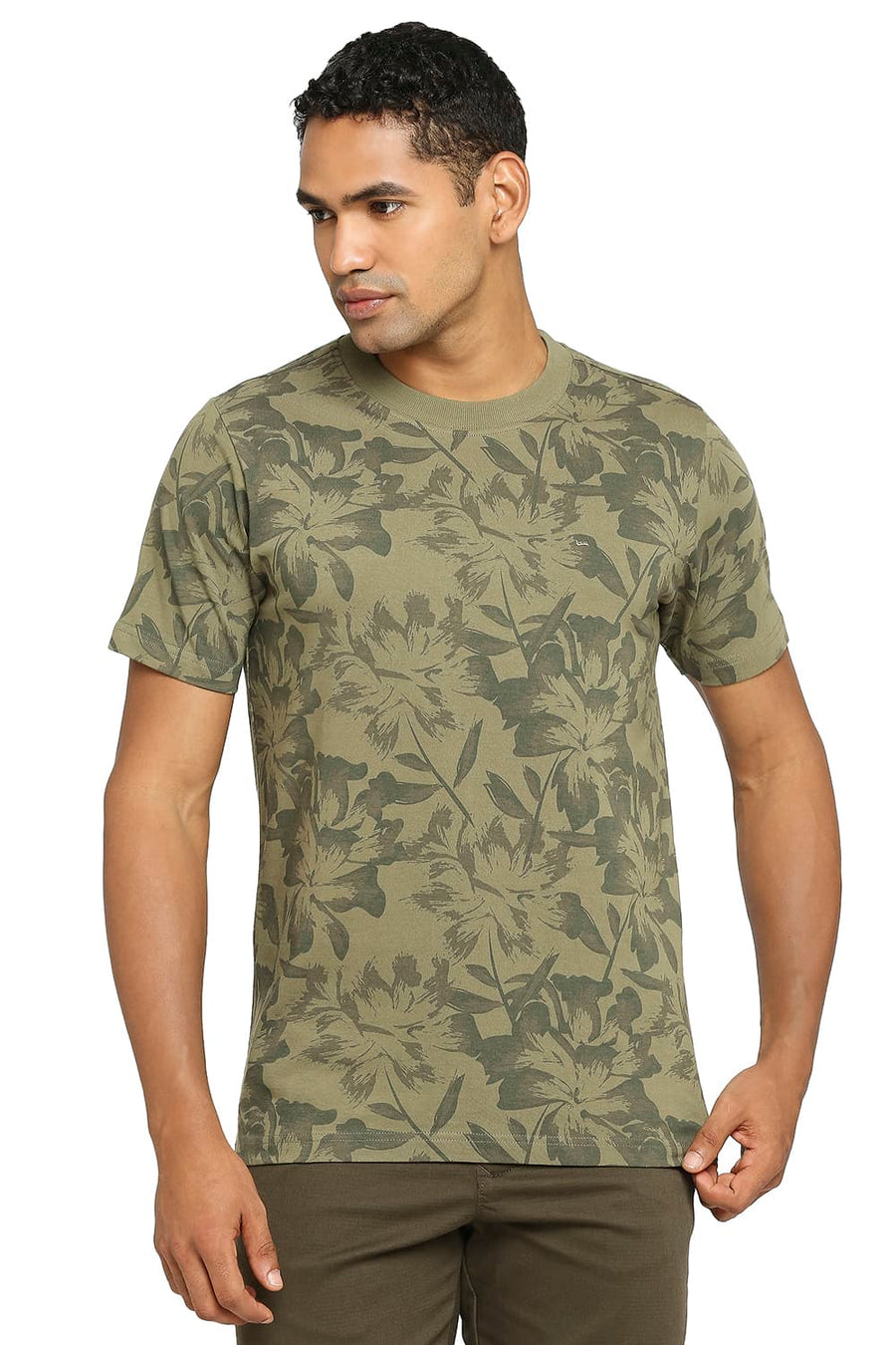 BASICS MUSCLE FIT BURNT OLIVE PRINTED CREW T-SHIRT