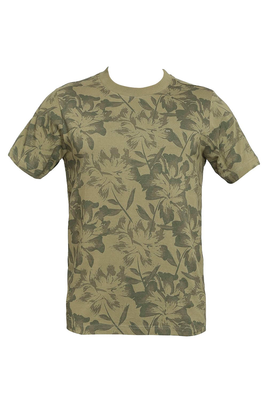 BASICS MUSCLE FIT BURNT OLIVE PRINTED CREW T-SHIRT