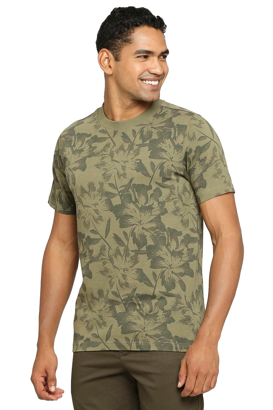 BASICS MUSCLE FIT BURNT OLIVE PRINTED CREW T-SHIRT
