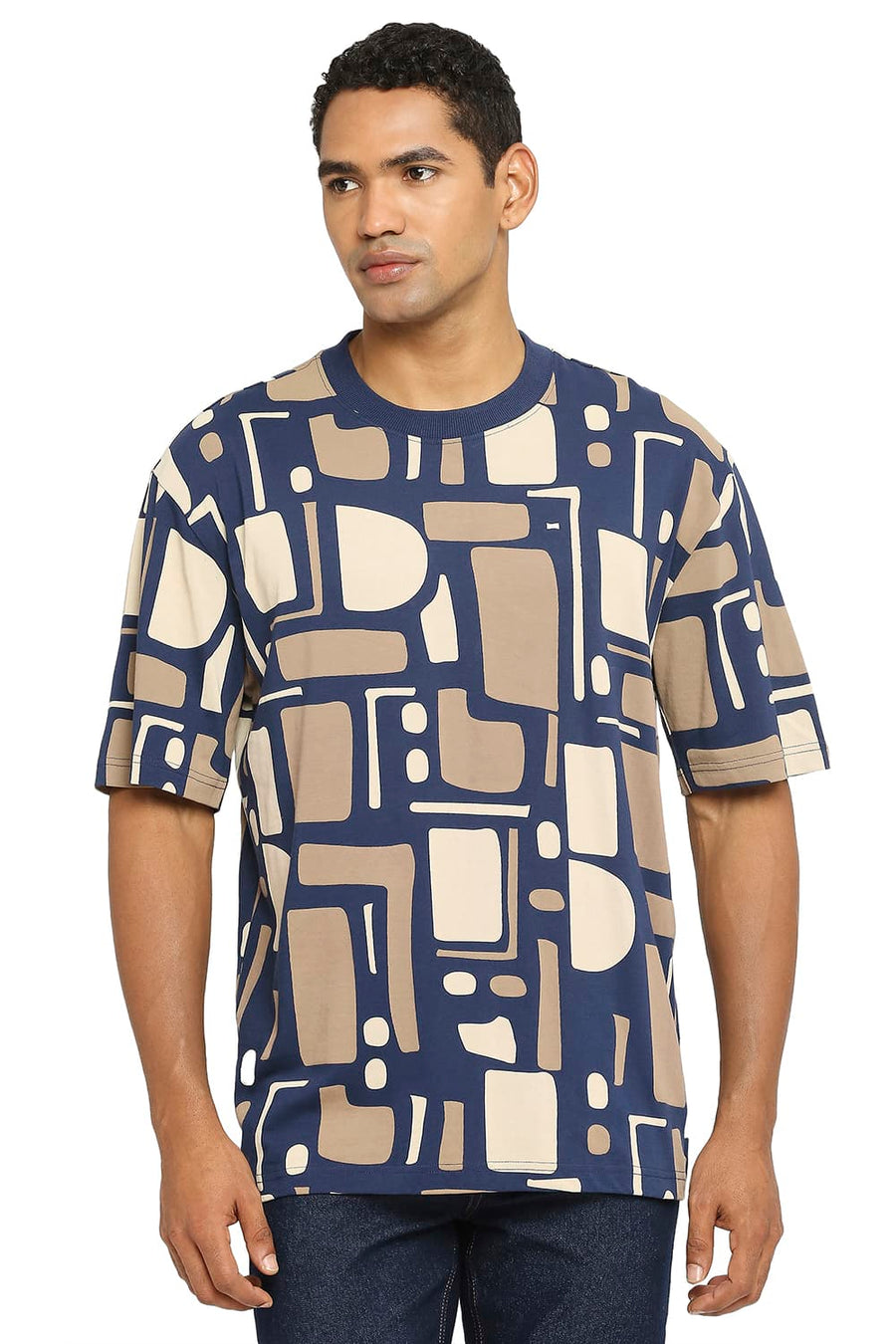 BASICS RELAXED FIT PAGEANT BLUE PRINTED CREW T-SHIRT