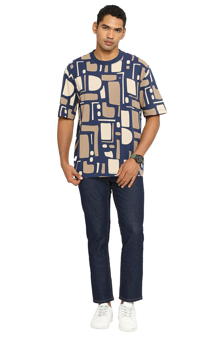 BASICS RELAXED FIT PAGEANT BLUE PRINTED CREW T-SHIRT