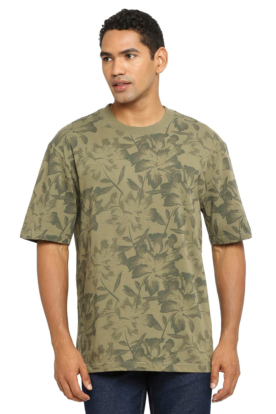BASICS RELAXED FIT BURNT OLIVE PRINTED CREW T-SHIRT