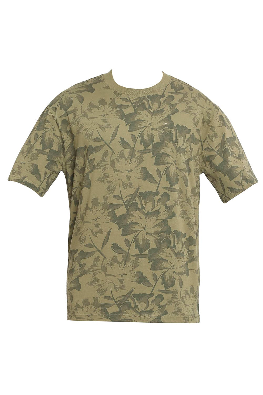 BASICS RELAXED FIT BURNT OLIVE PRINTED CREW T-SHIRT