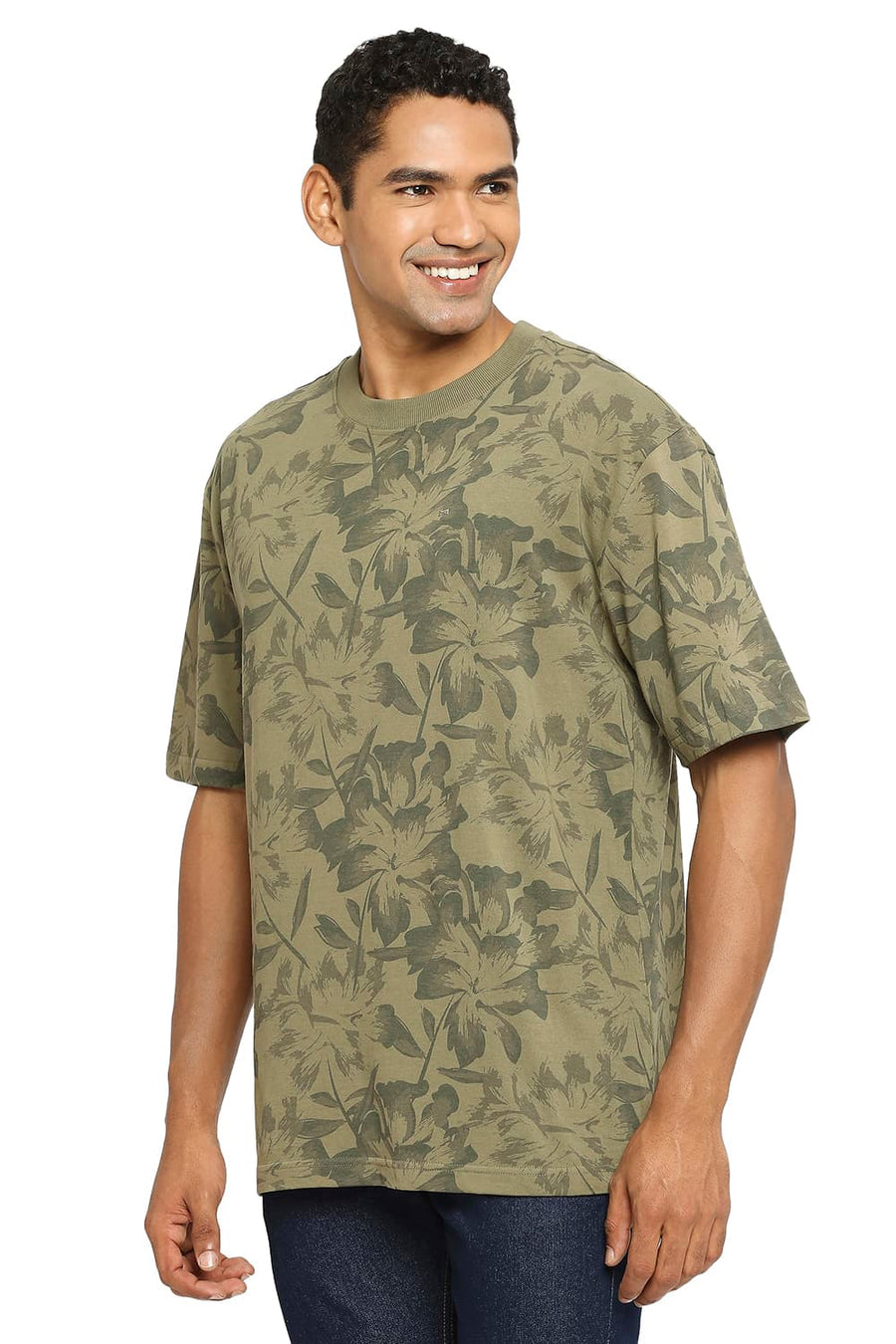 BASICS RELAXED FIT BURNT OLIVE PRINTED CREW T-SHIRT