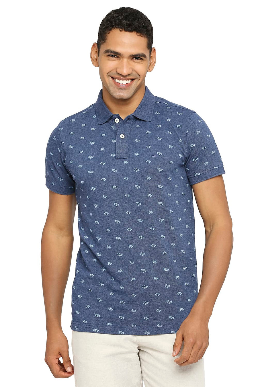 BASICS MUSCLE FIT ESTATE BLUE PRINTED POLO T-SHIRT