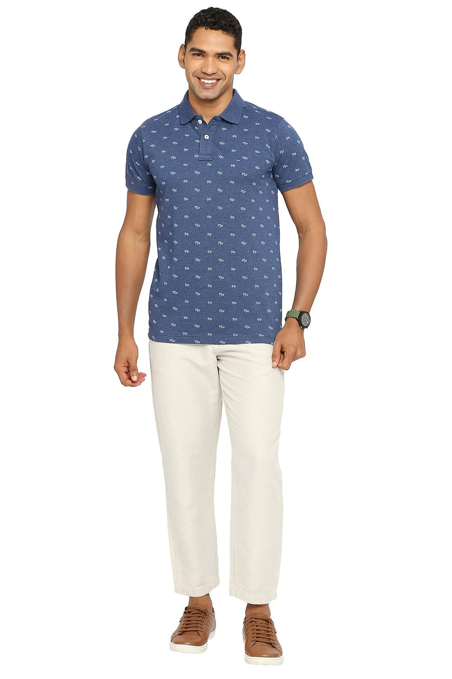 BASICS MUSCLE FIT ESTATE BLUE PRINTED POLO T-SHIRT