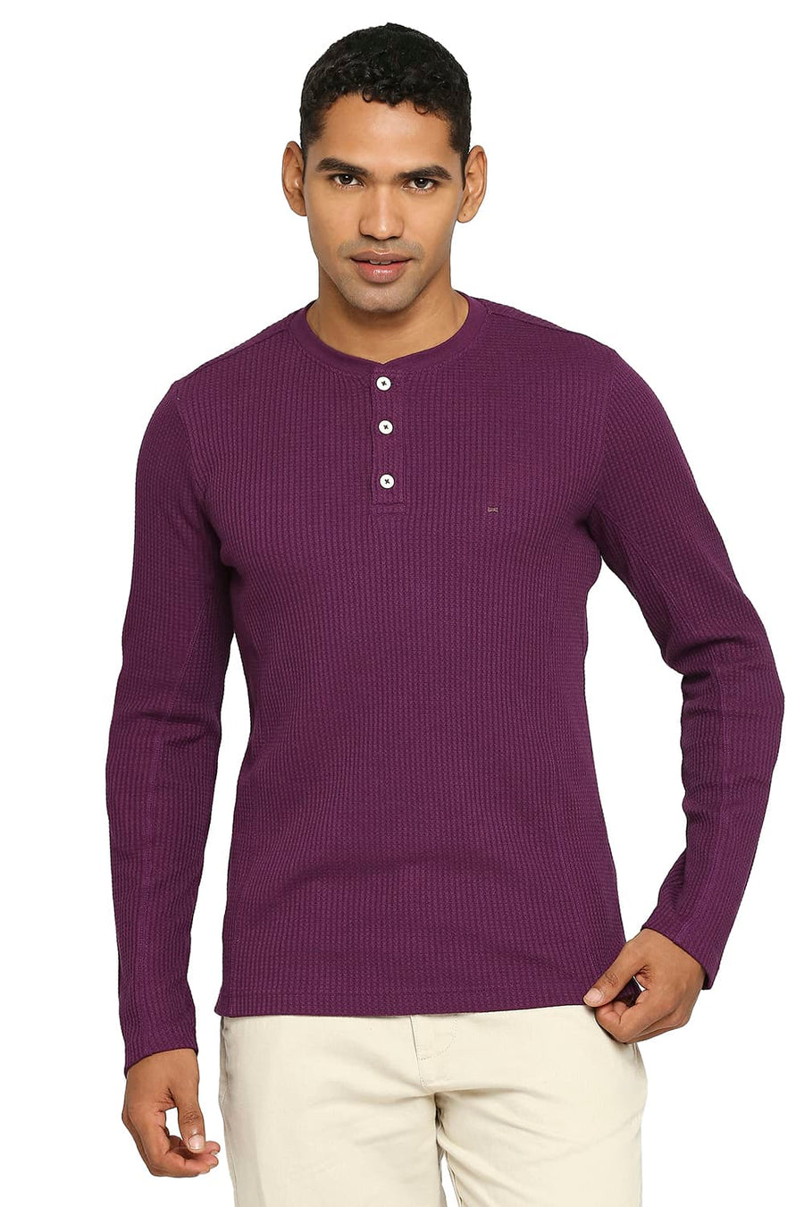 BASICS MUSCLE FIT PLUM HENLEY T-SHIRT
