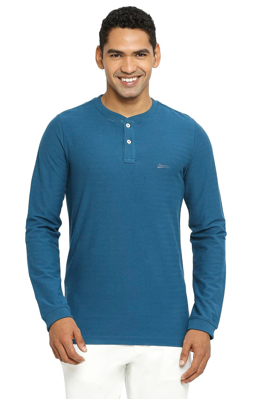 BASICS MUSCLE FIT MOROCCAN BLUE HENLEY T-SHIRT