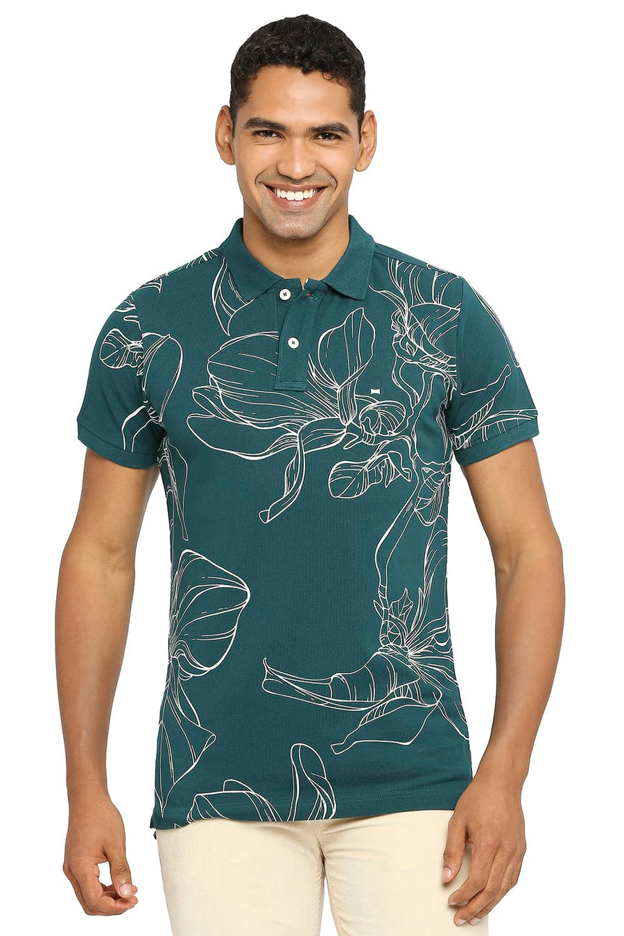 BASICS MUSCLE FIT DEEP TEAL PRINTED POLO T-SHIRT