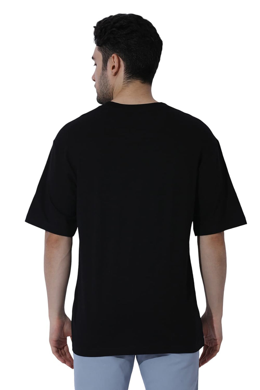 BASICS REGULAR FIT BRIGHT BLACK COTTON STRETCH SOLID CREW T-SHIRTS