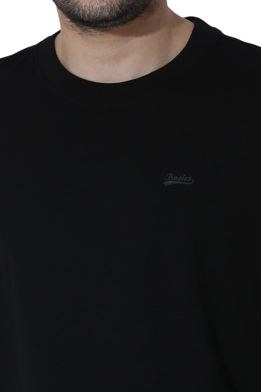 BASICS REGULAR FIT BRIGHT BLACK COTTON STRETCH SOLID CREW T-SHIRTS