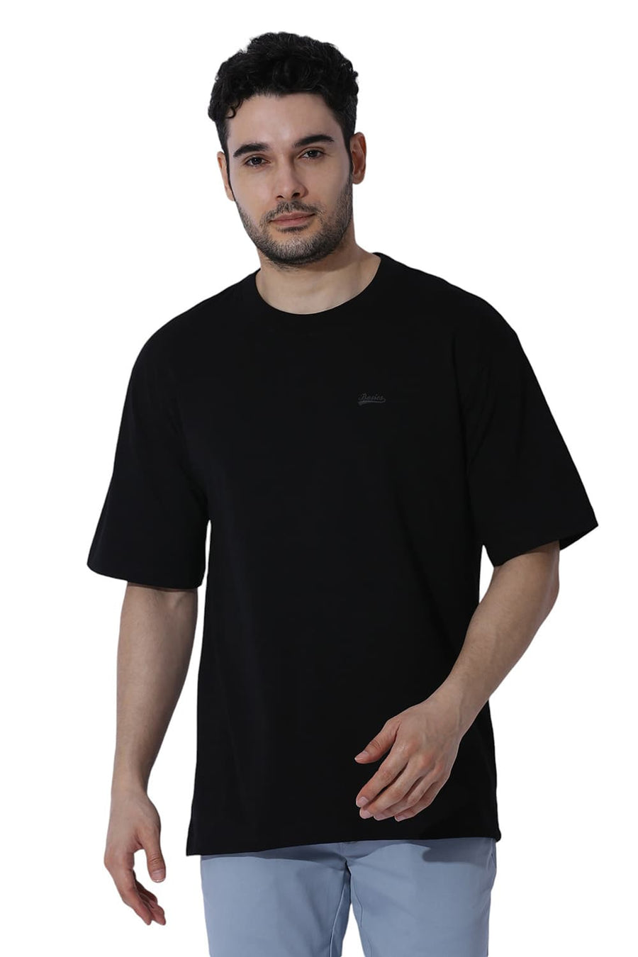BASICS REGULAR FIT BRIGHT BLACK COTTON STRETCH SOLID CREW T-SHIRTS