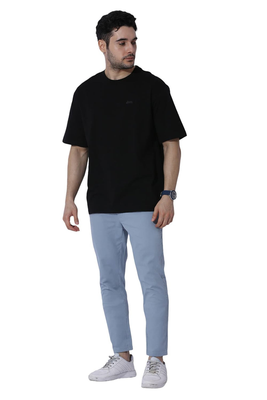 BASICS REGULAR FIT BRIGHT BLACK COTTON STRETCH SOLID CREW T-SHIRTS