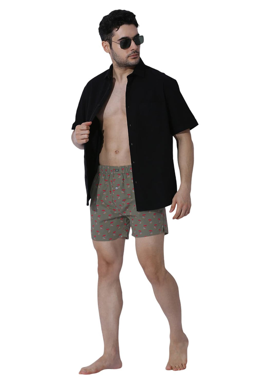 BASICS COMFORT FIT OLIVE COTTON PRINTED BOXER SHORTS