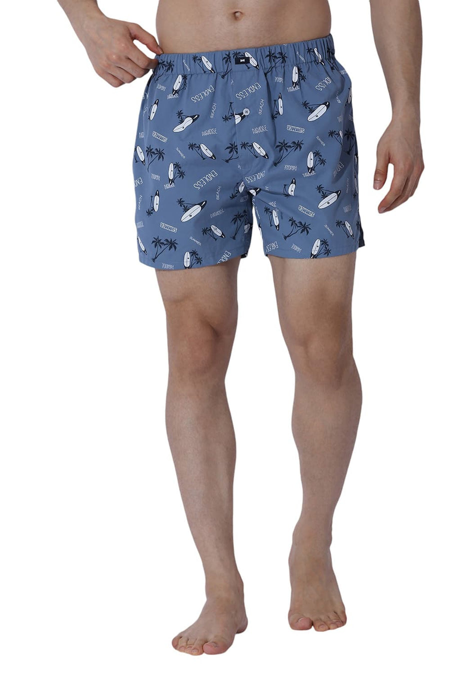 BASICS COMFORT FIT MID BLUE COTTON PRINTED BOXER SHORTS