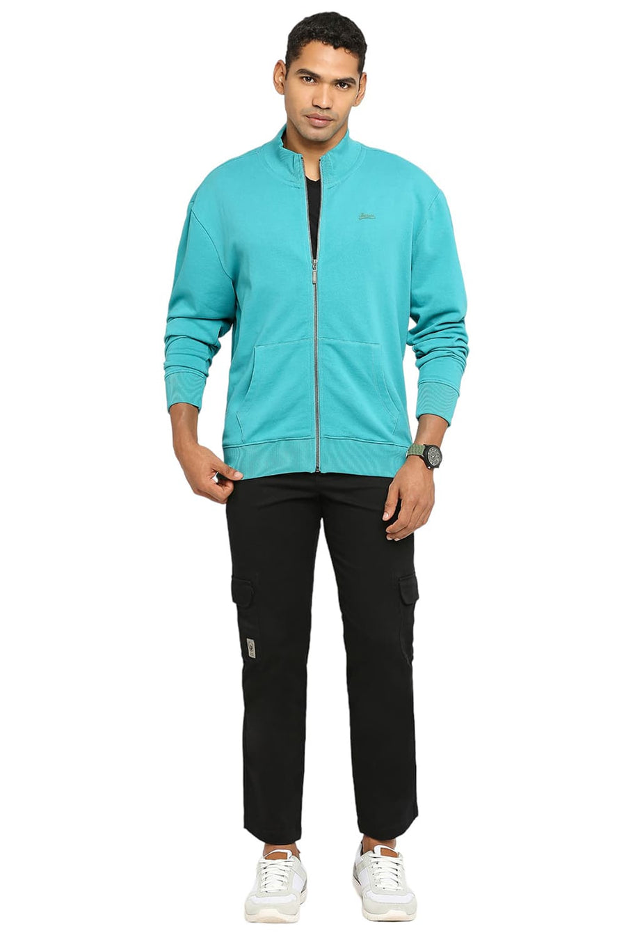 BASICS COMFORT FIT GREEN COTTON NON BRUSHED FLEECE HIGH NECK JACKET