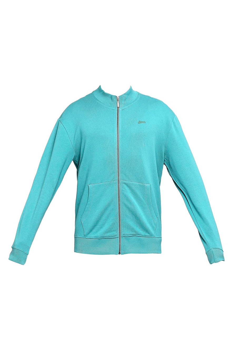 BASICS COMFORT FIT GREEN COTTON NON BRUSHED FLEECE HIGH NECK JACKET