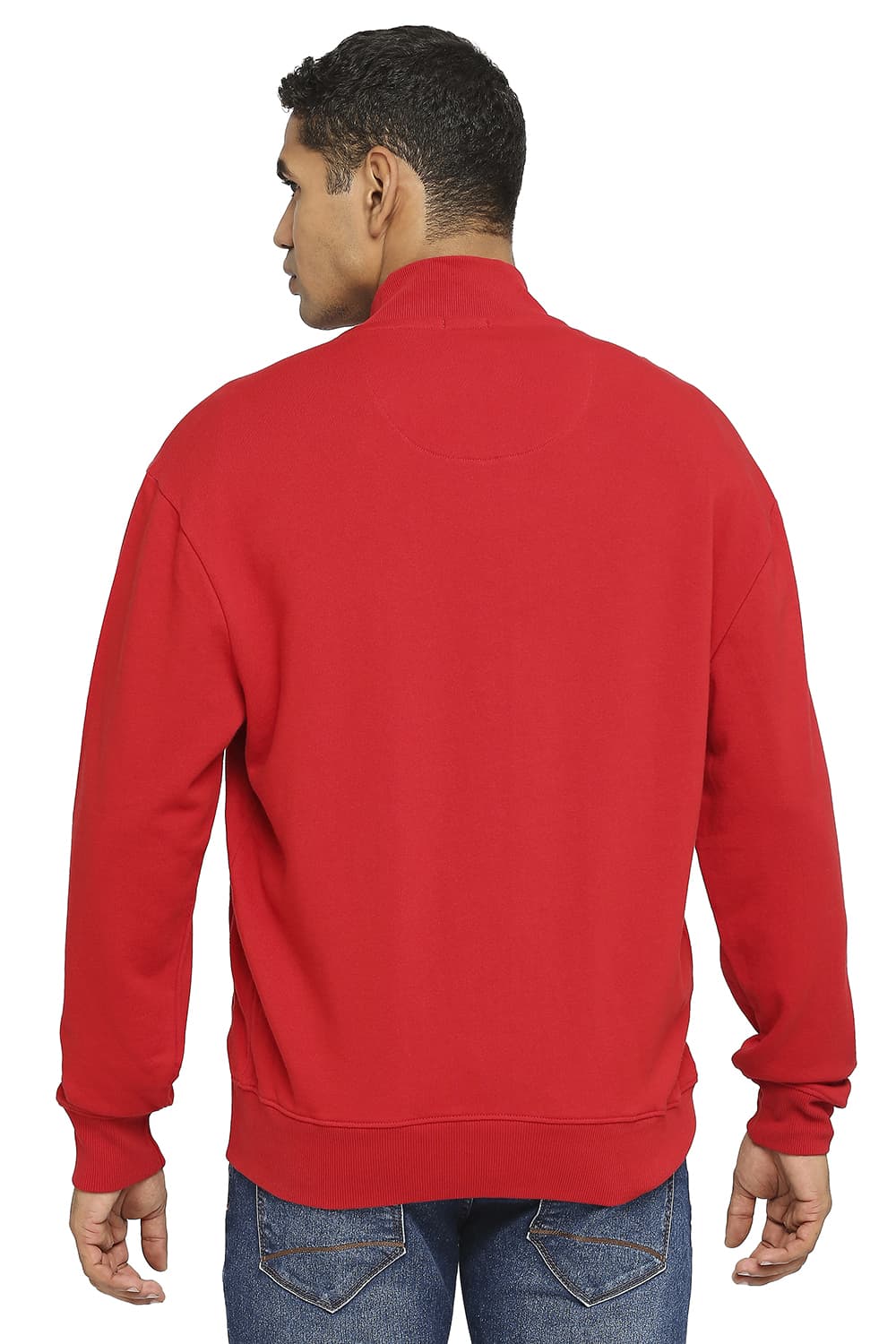 BASICS COMFORT FIT RED COTTON NON BRUSHED FLEECE HIGH NECK JACKET