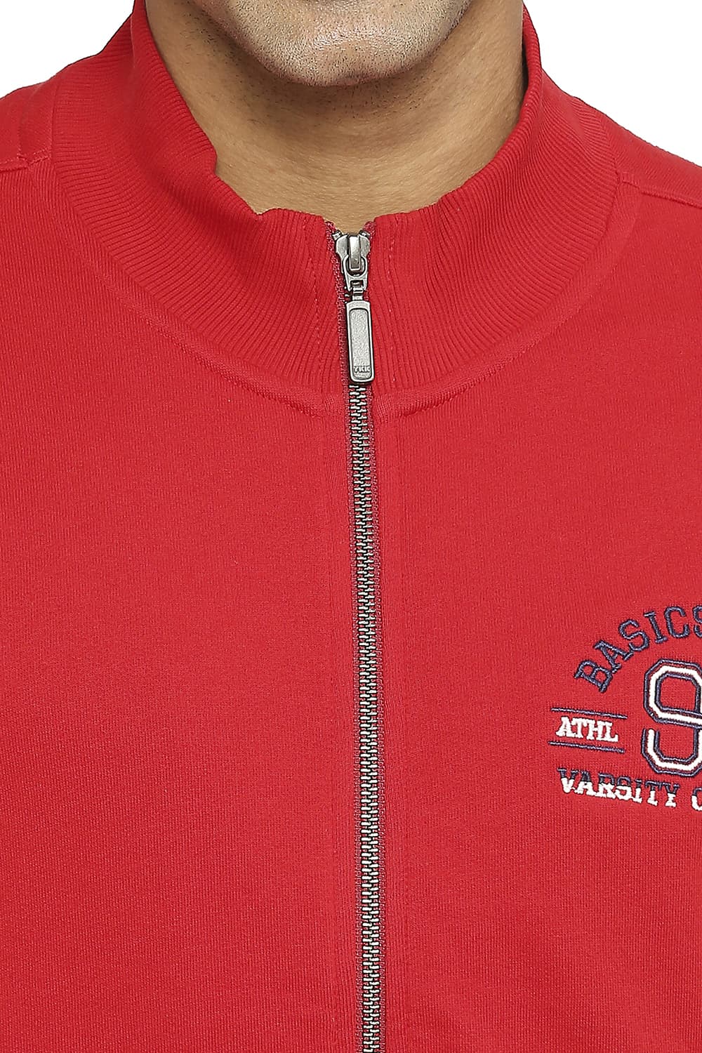 BASICS COMFORT FIT RED COTTON NON BRUSHED FLEECE HIGH NECK JACKET
