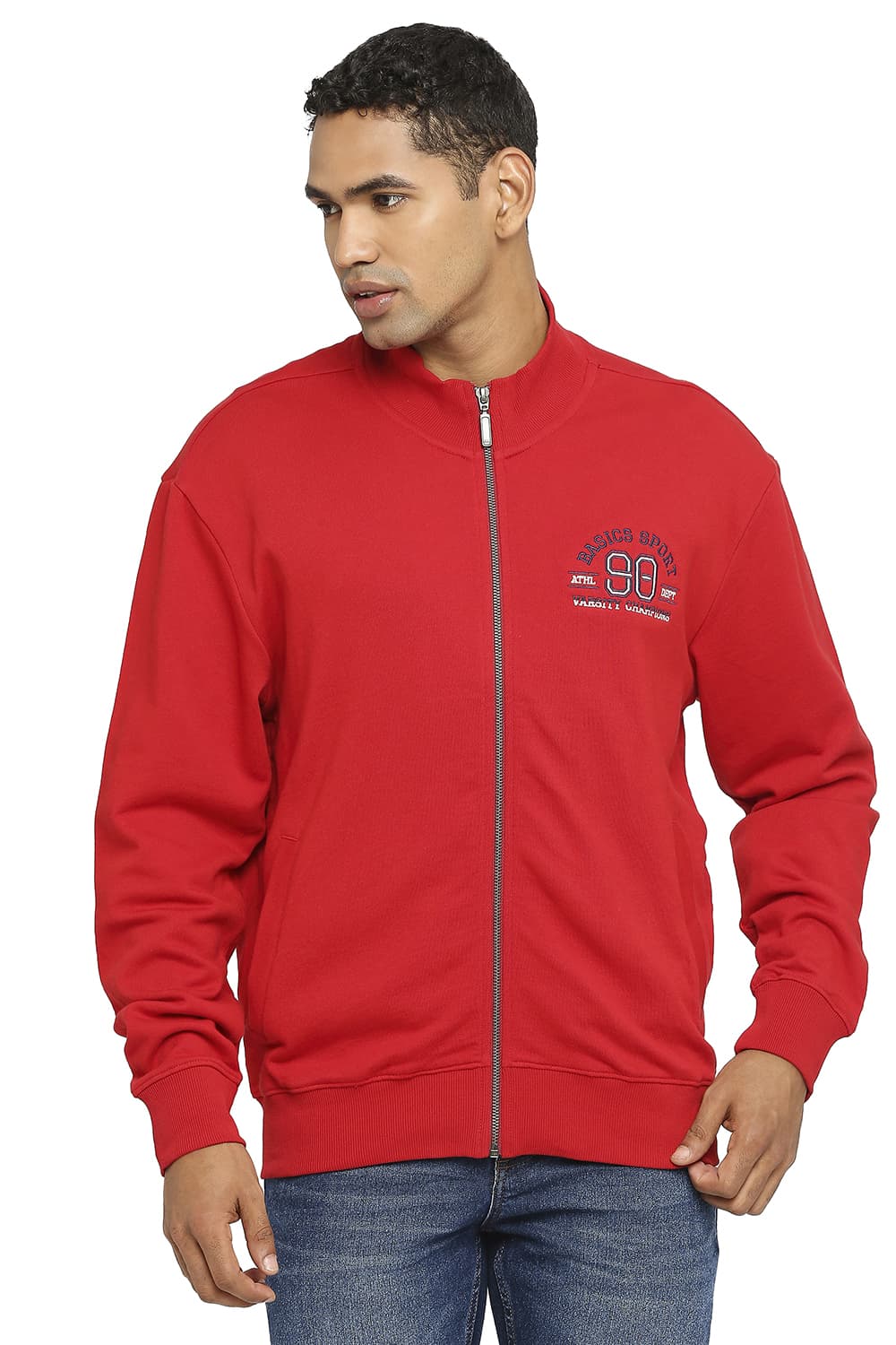 BASICS COMFORT FIT RED COTTON NON BRUSHED FLEECE HIGH NECK JACKET