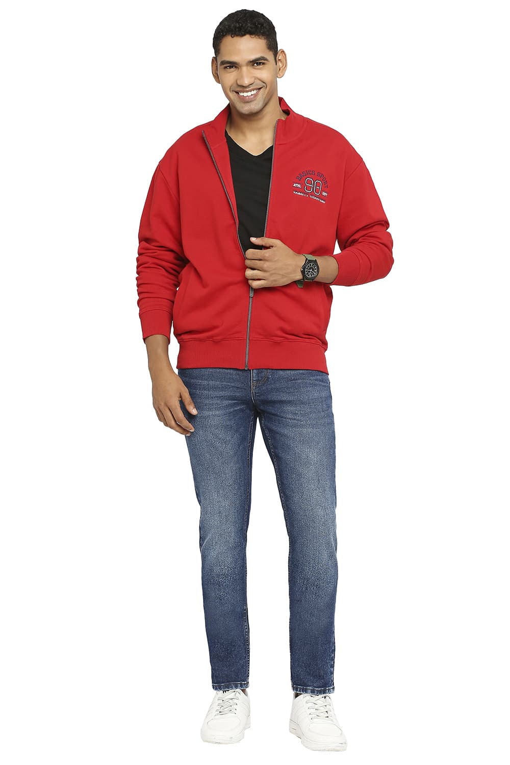 BASICS COMFORT FIT RED COTTON NON BRUSHED FLEECE HIGH NECK JACKET