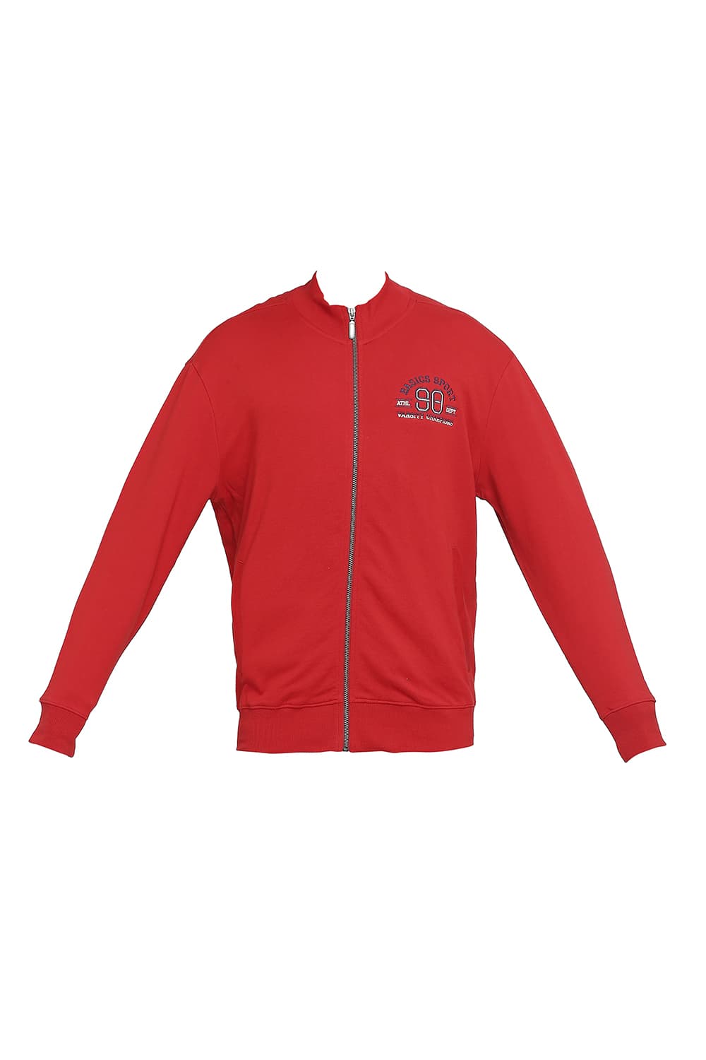 BASICS COMFORT FIT RED COTTON NON BRUSHED FLEECE HIGH NECK JACKET